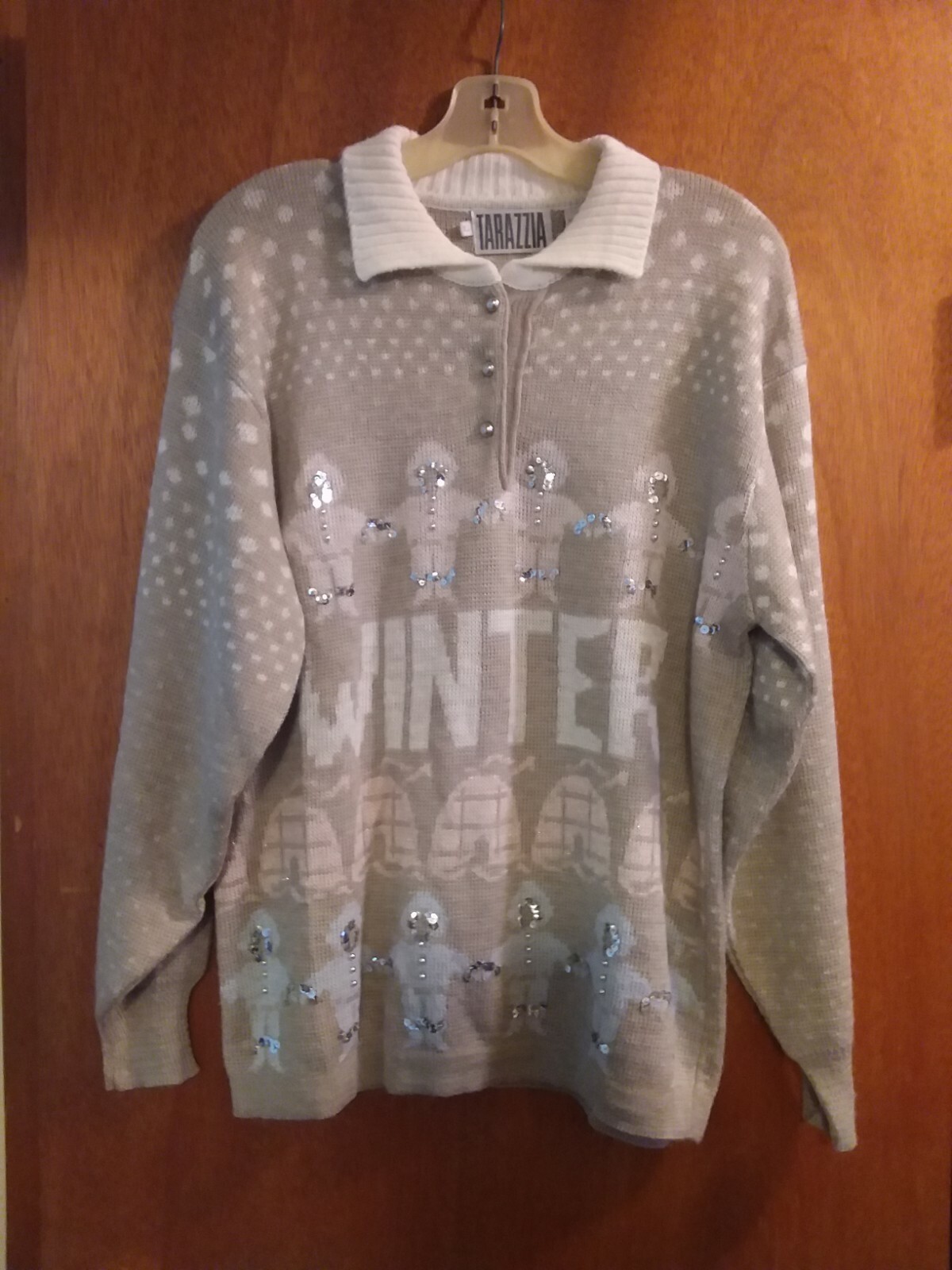 Vtg Tarazzia Womens Winter Christmas Sweater Pull-on Light Brown Pink Blue Sz L