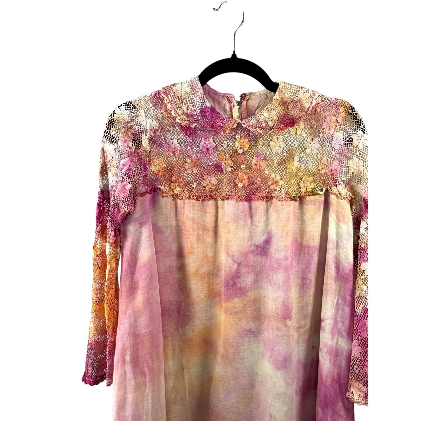 Vintage 1960s Hand Dyed Pink Orange Ice Dye Shift Dress Bell Sleeves Lace Yoke