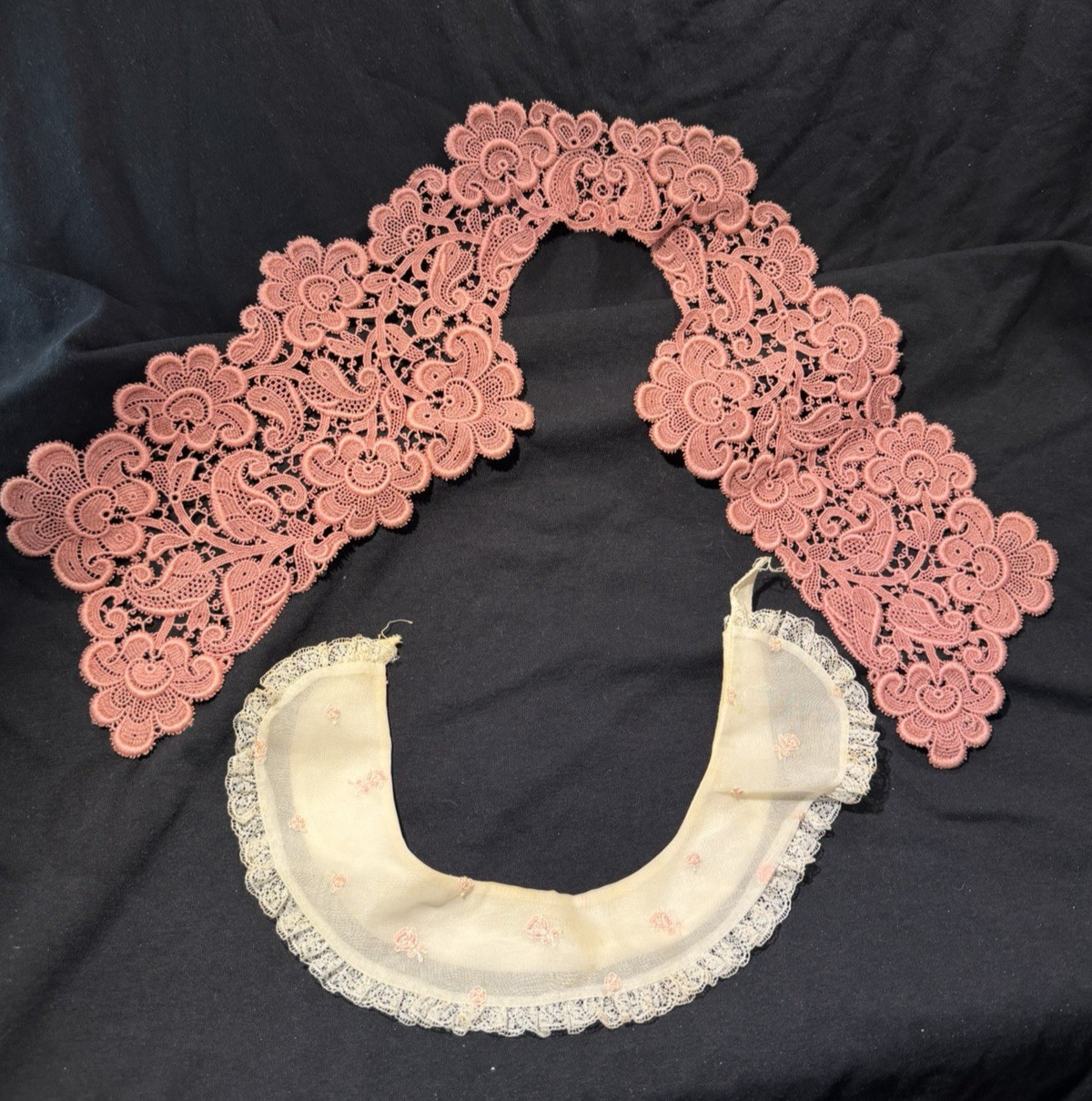 Vintage Lace Dress Collars One Pink, One Gauze with Embroidered Flowers