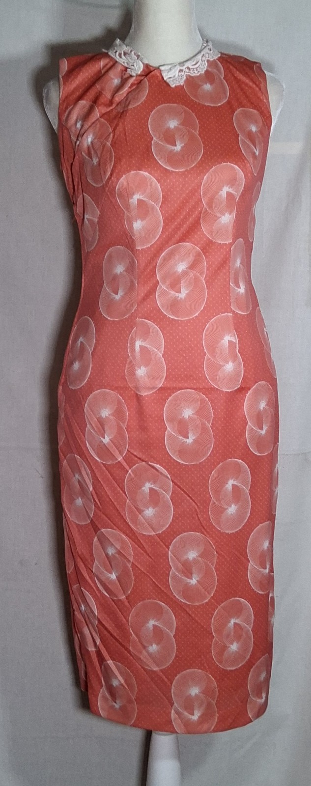 Vtg 70s Sleeveless Qi Pao Style Slamon And White Geometric Design Size Sm