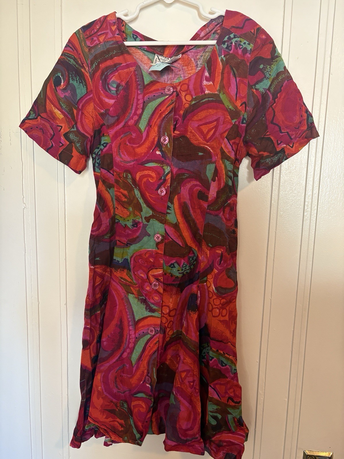 Vintage Ultra Pink Funky Print Button Up Dress Shoulder Pads