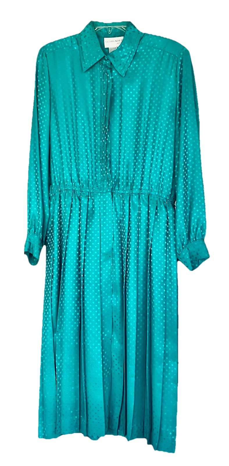 Vintage Schrader Shirt Dress Size 14p Petite Teal Collared Dress Pleated Skirt.