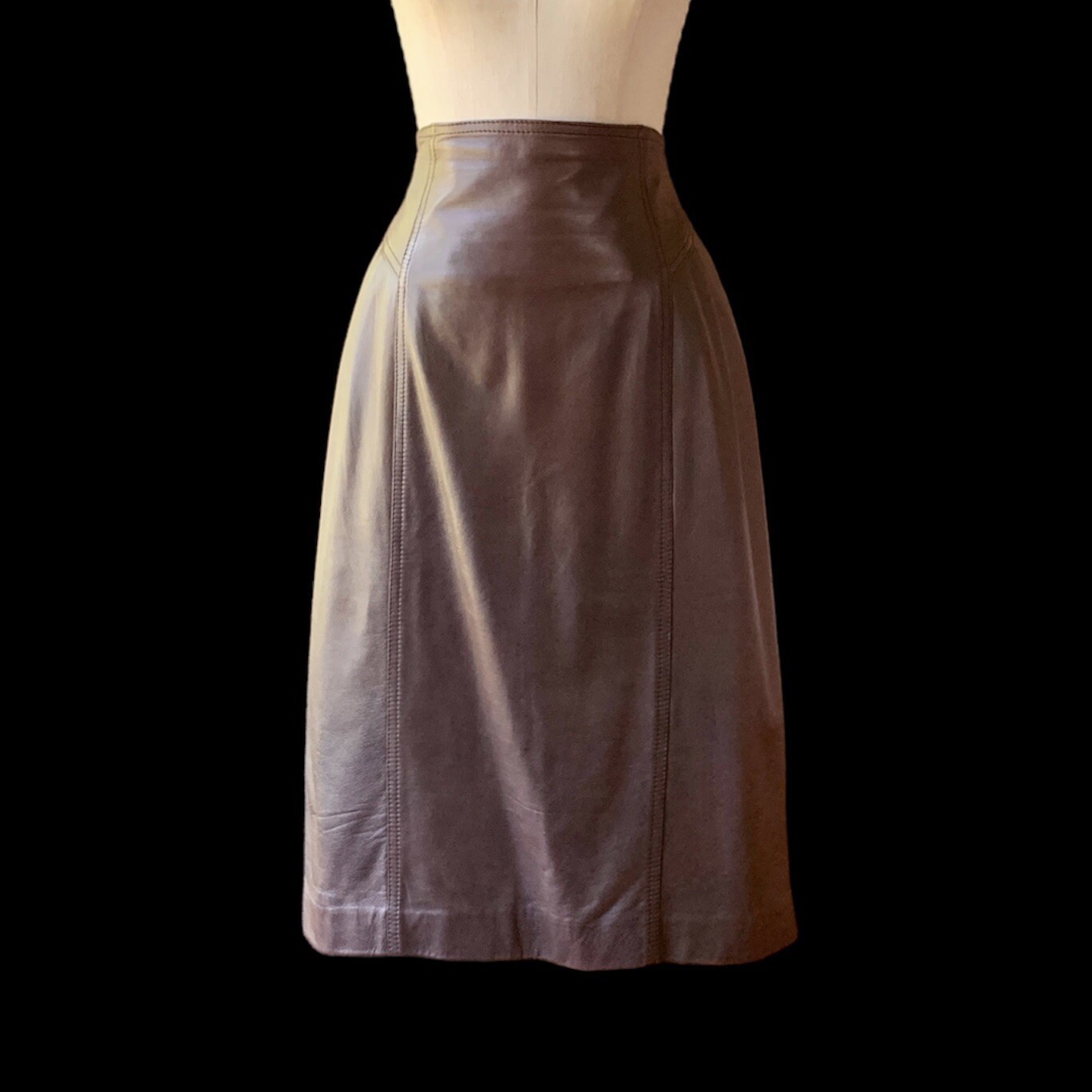 Vintage SALVATORE FERRAGAMO 70s 80s Brown Leather Skirt ITALY 10