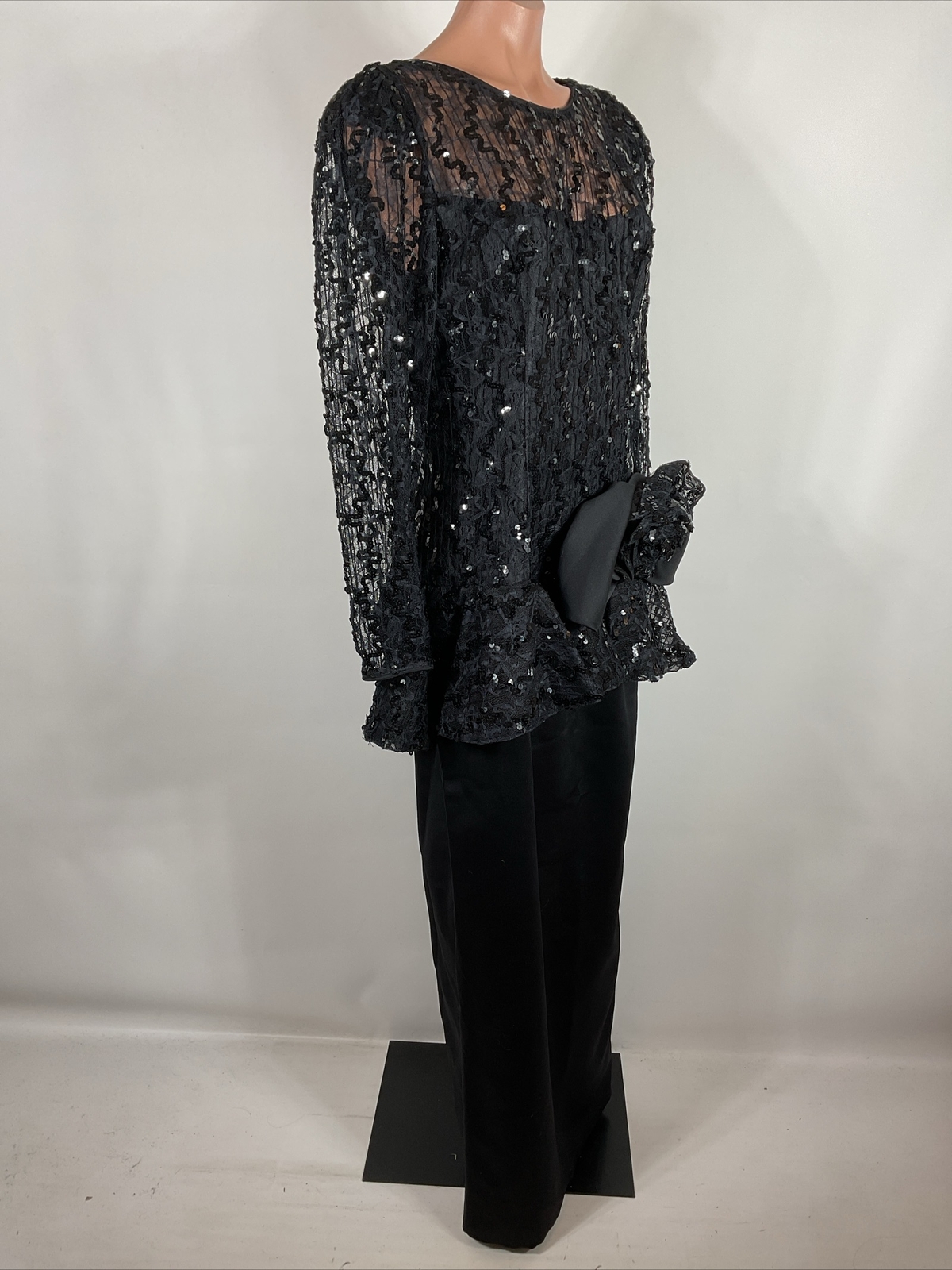 80s VTG Black Sequin Satin Sleeve Prom Party Formal Dress Long Sleeve M/L Bow
