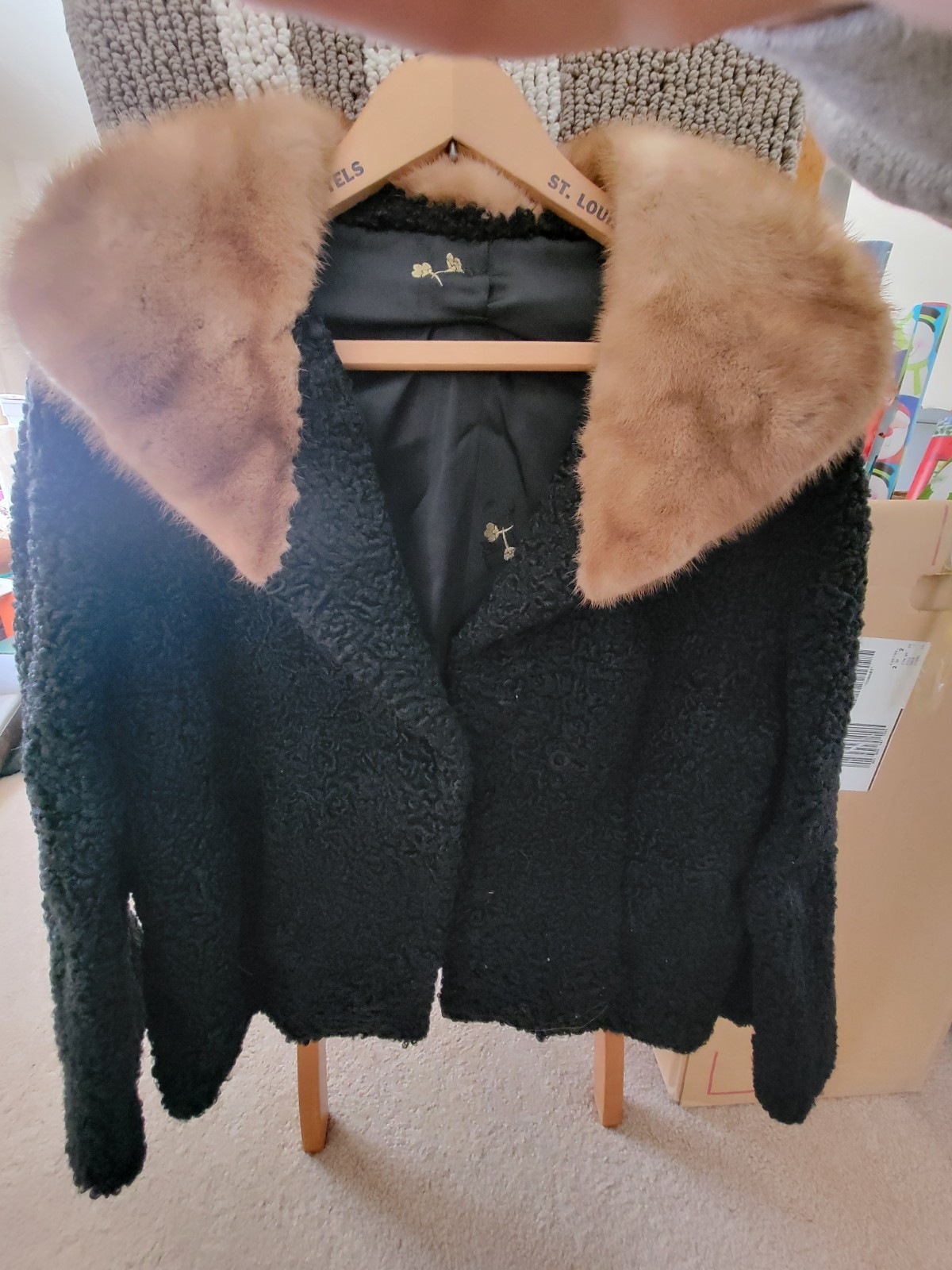Vintage 60s Ladies Black Persian Lamb Short Jacket W/Mink Collar Fur