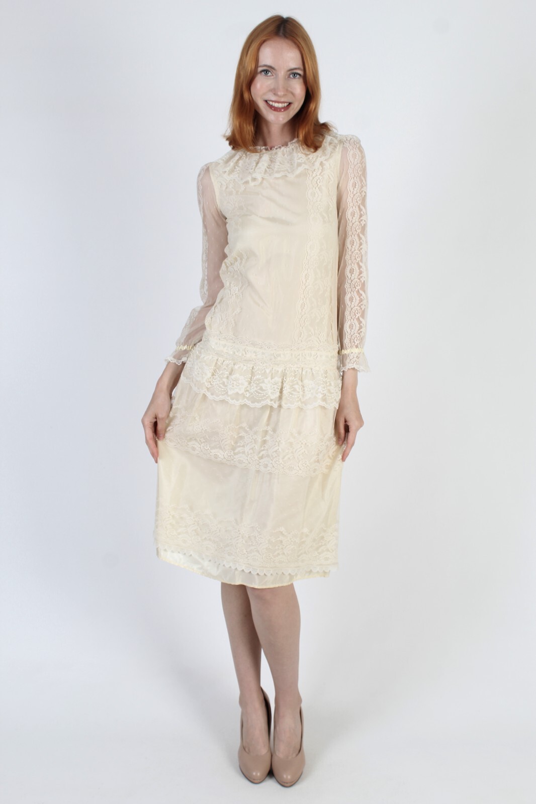 Vtg Country Elegance Cottagecore Dress Sheer Drop Waist Deco Prairie Peasant