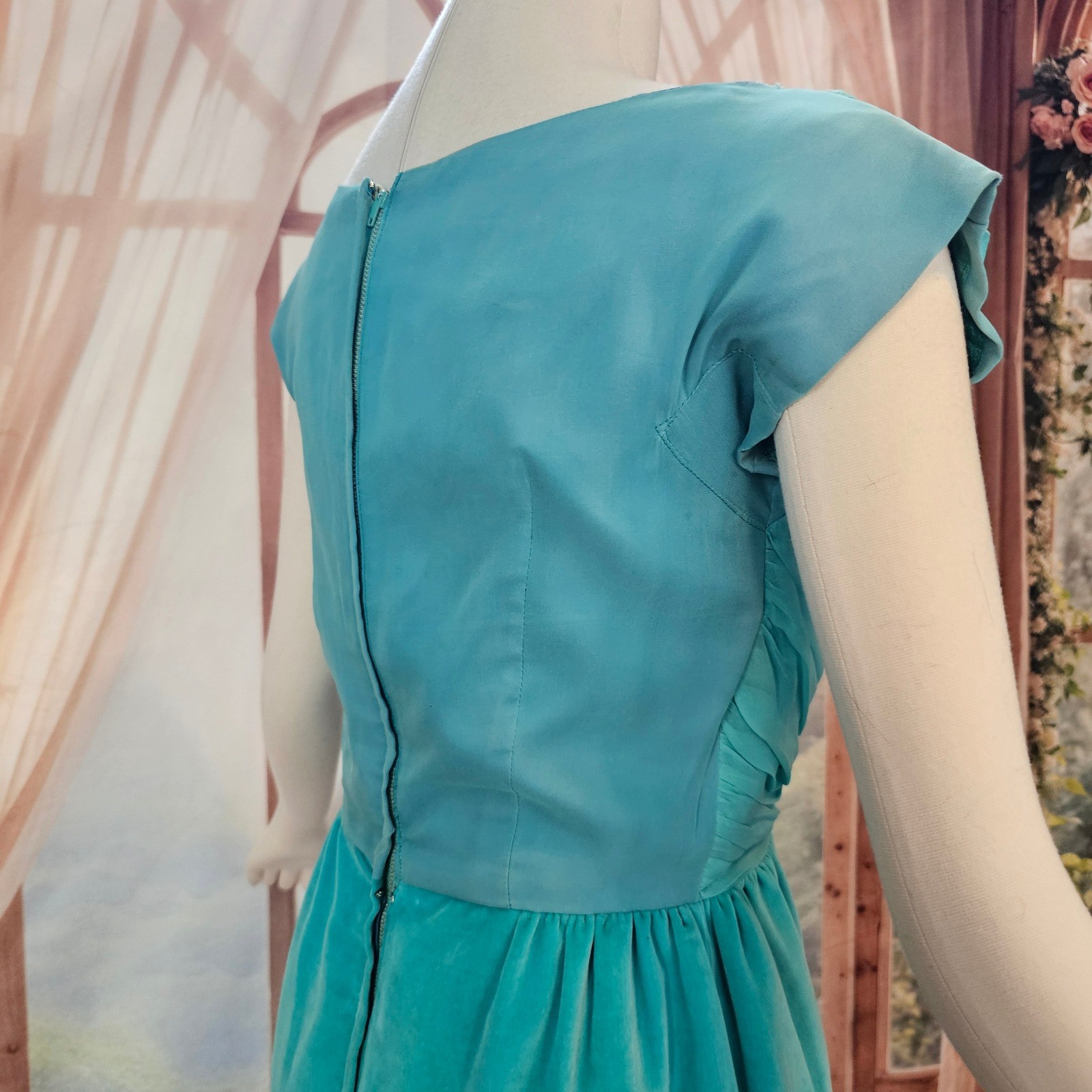 Vintage 1950s Dress Jay Herbert California Teal Ruched Draped Cocktail Formal