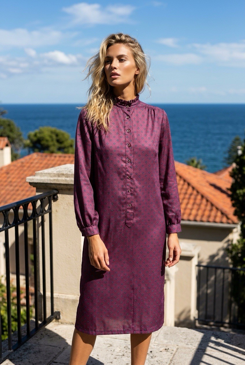 VTG Schrader Sport NY Satin Shirt Dress Ruffle Collar & Sleeves Purple Size 12