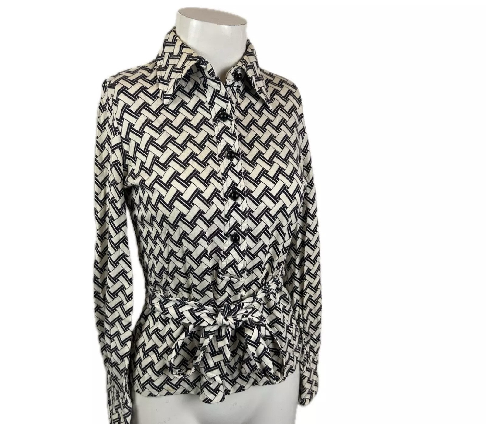 1960s Button Up Collared Pop Art Basketweave Shirt Top / XS *