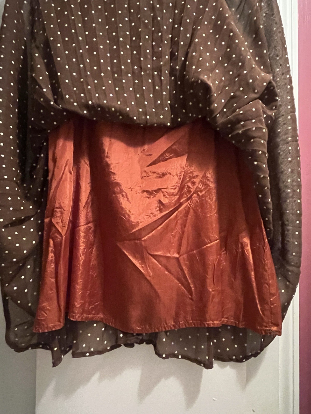Vtg 1960’s Brown With White Polka Dots Pleated Sleeveless A-Line Dress Cut Tag