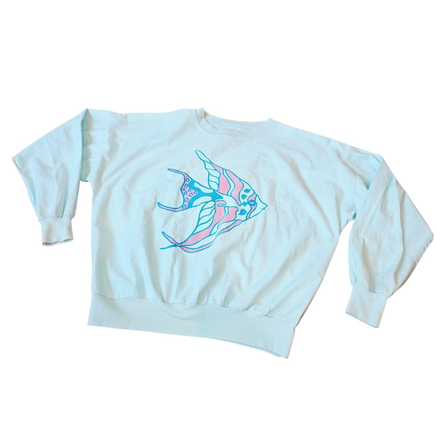 Quitman USA Sz S Vintage 80’s Mint Green Angelfish Graphic L/S Beach Retro Shirt