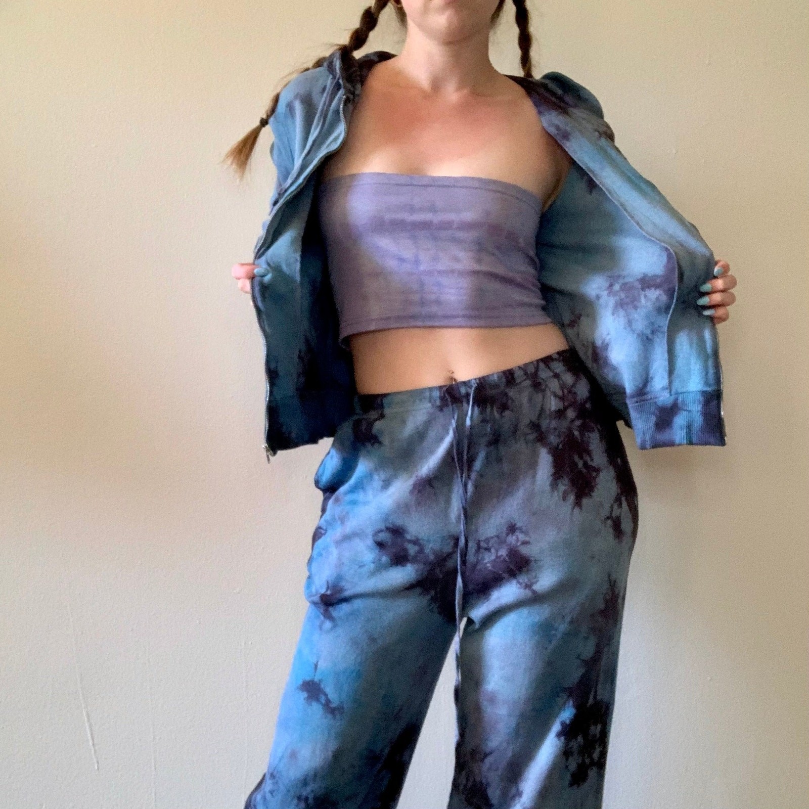 Hand Dyed Shibori Tie Dye Zip Up Hoodie & Jogger Sweatpants Set Blue Jones NY