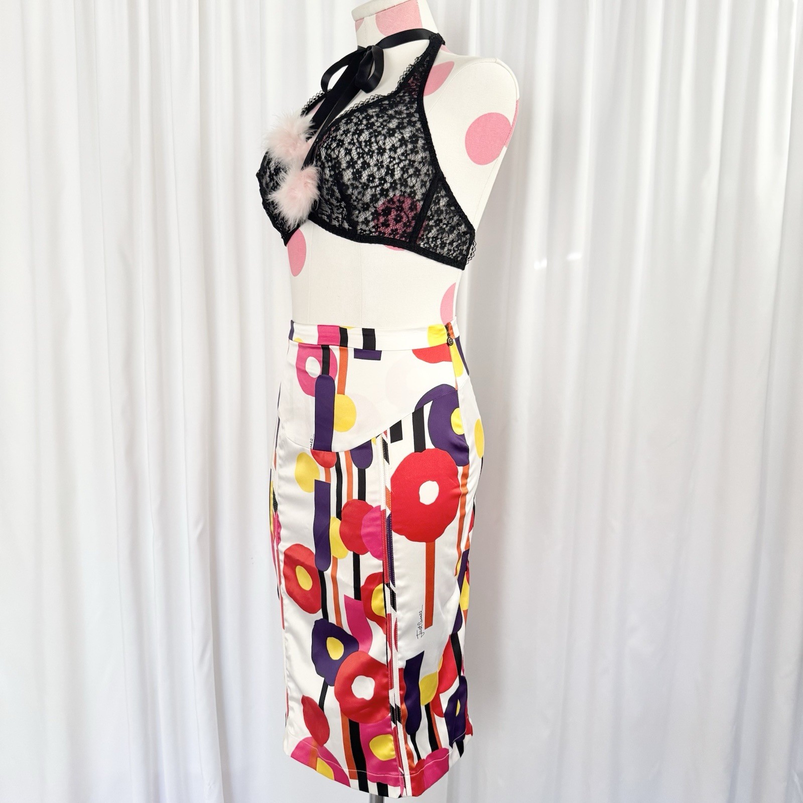 Vintage Y2K Roberto Cavalli Colorful Abstract Shape Silky Midi Skirt Medium Rare