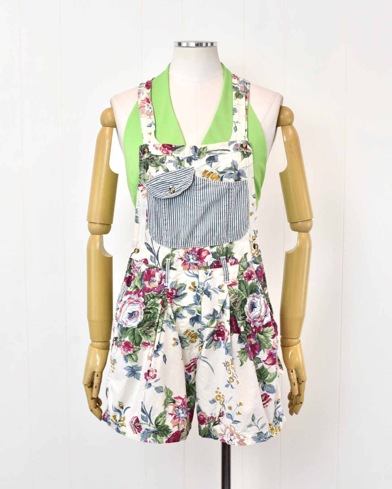 Vintage 1990s Rose Floral Print White Cotton At Last Romper Overalls Shorts
