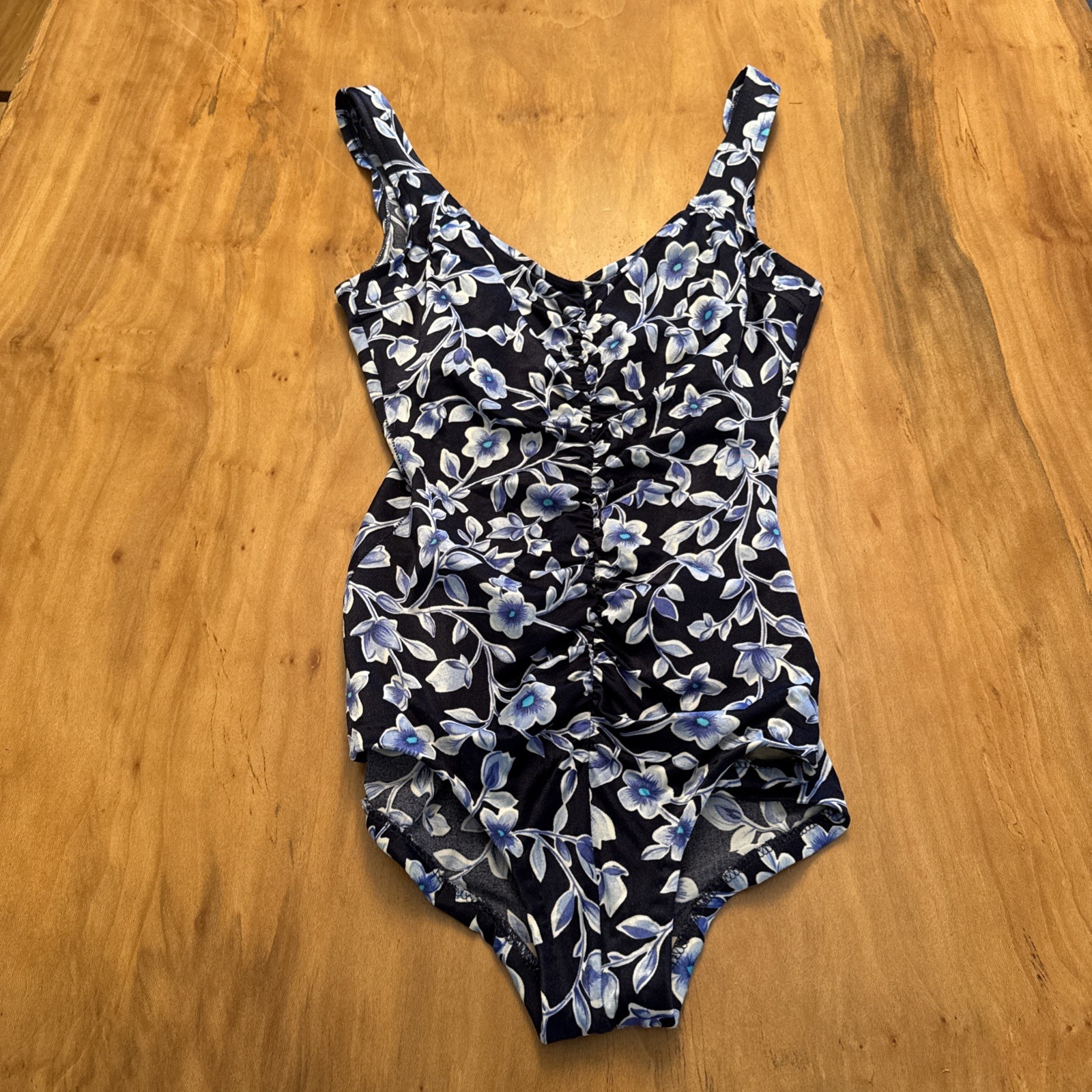 Vtg Maxine Of Hollywood Swimsuit 10 Navy Floral Ruching
