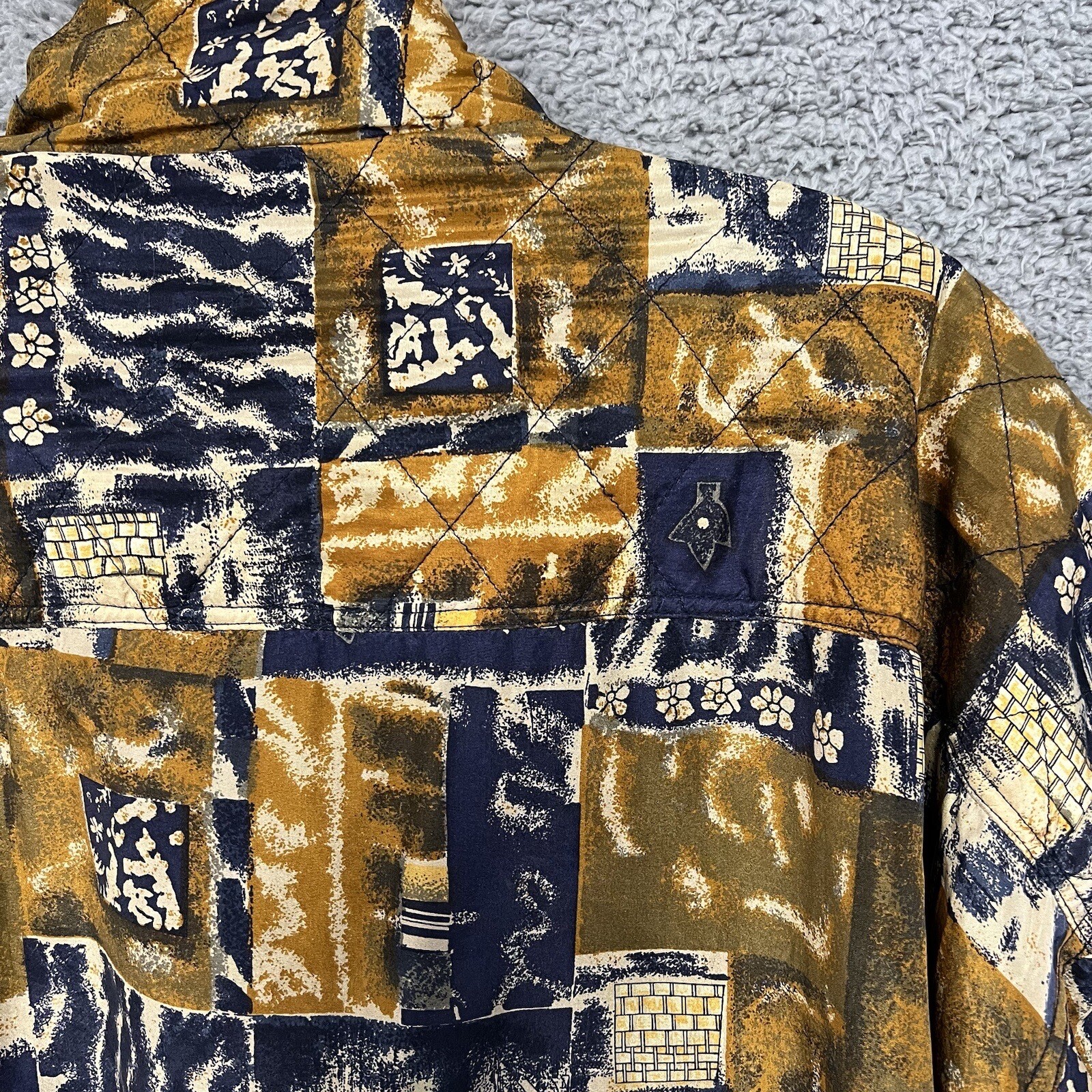 VTG 80s Nouveau Monde Jacket Size XL 100% Silk Bomber Pocket Zip Abstract Print
