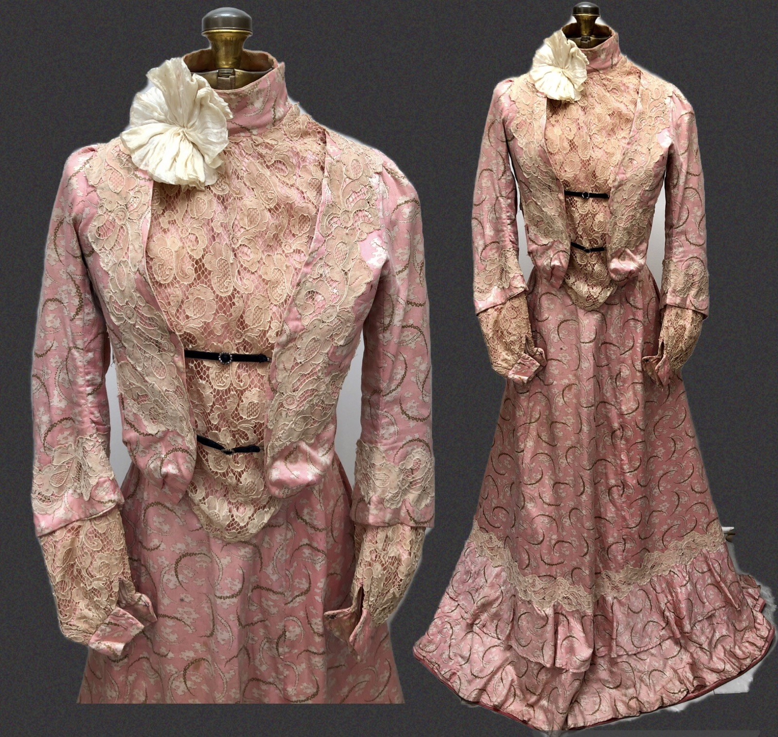 Antique VICTORIAN 1900s GIBSON GIRL Pink Paisley TRAINED GUIPURE LACE 2Pc GOWN
