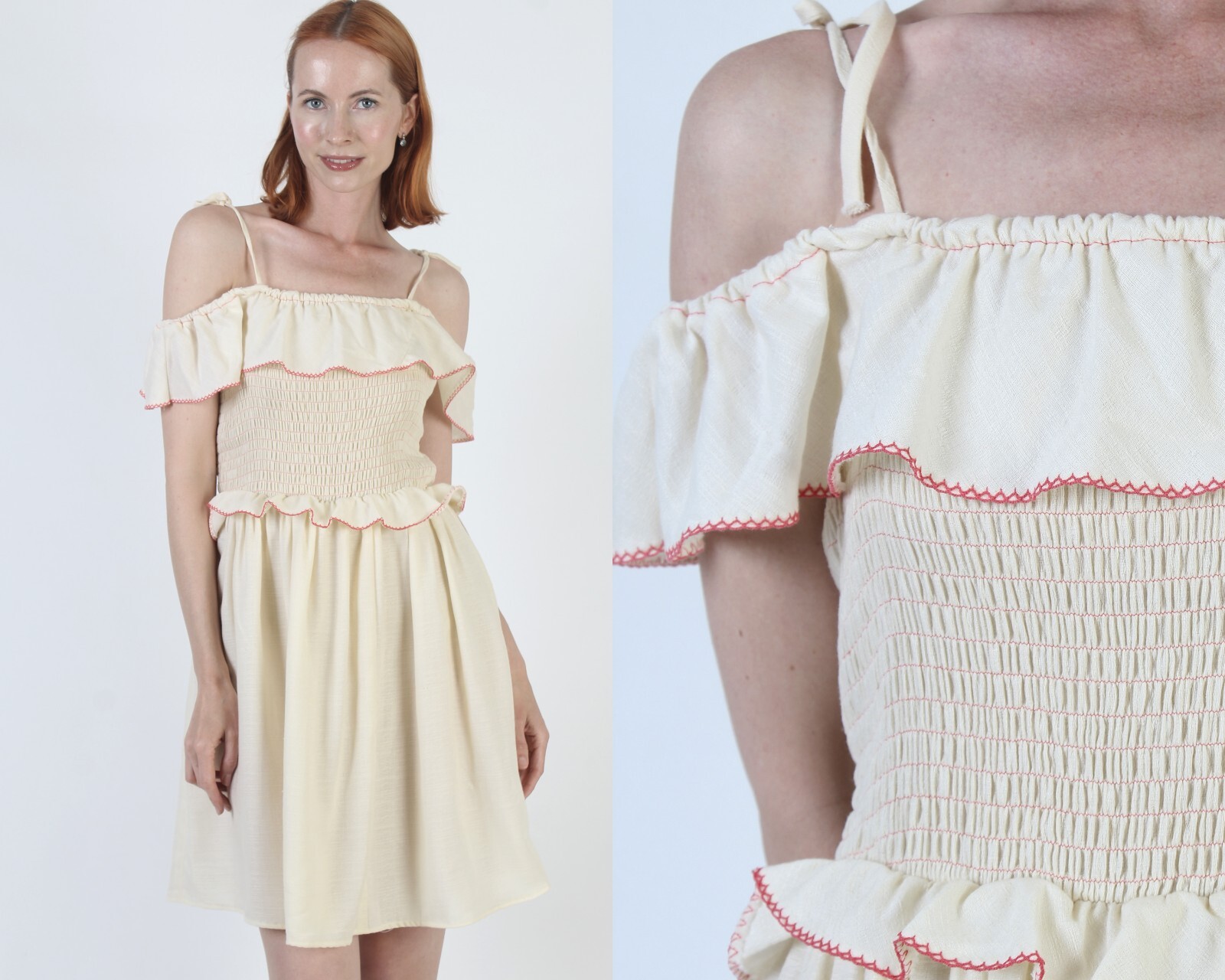 Vtg 70s Shoulder Tie Smocked Mini Dress Ruffle Capelet Unicolor Boho Sundress