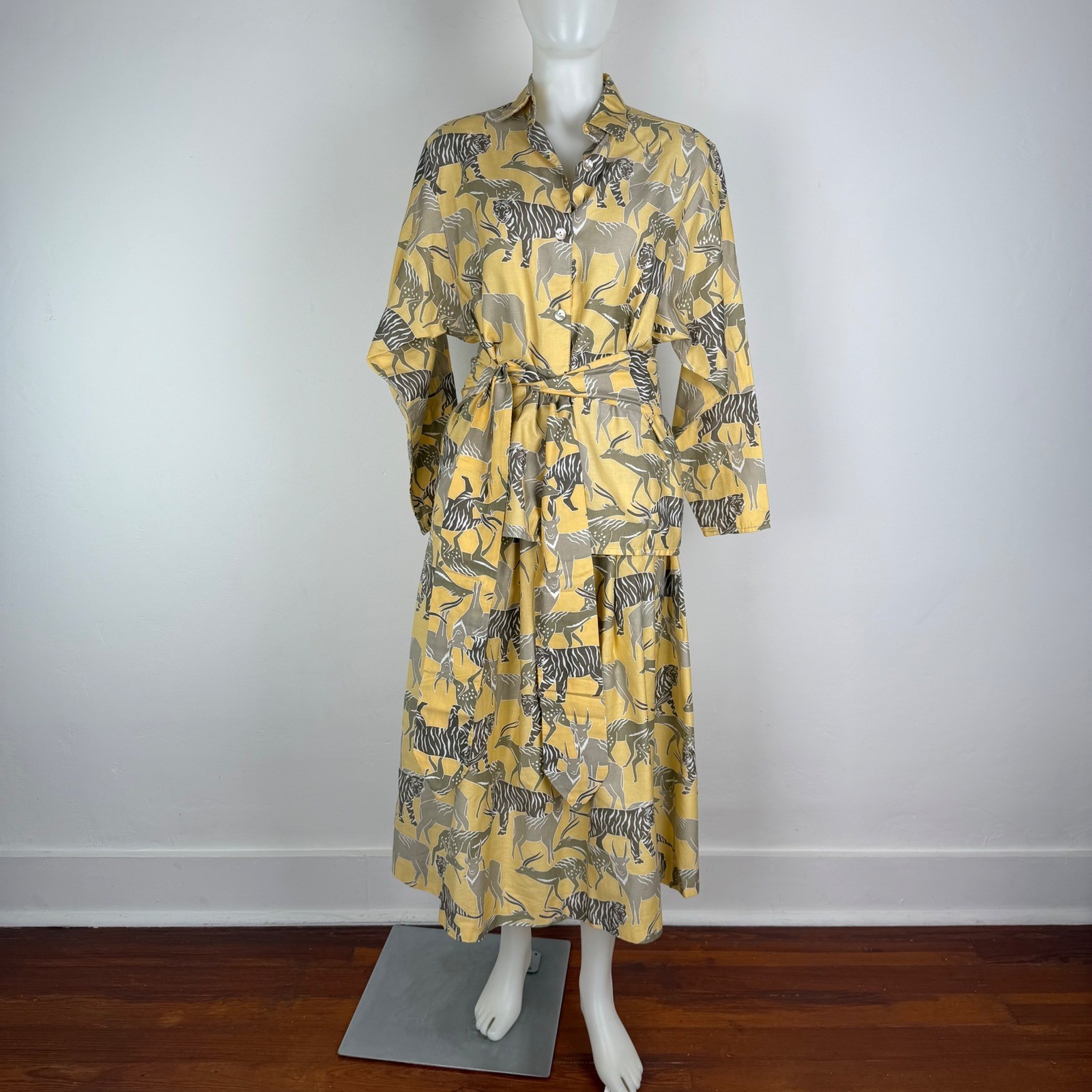 Vintage 80s Lorch Safari Print Top Skirt Set Yellow Cotton Animal Print Belted