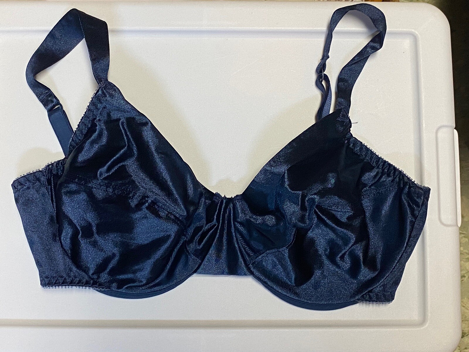 Vtg Delicates Navy Satin Underwire Second Skin Unlined Bra Size 34D Style 7072