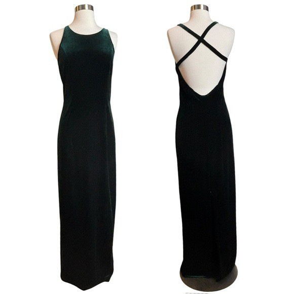 Vintage 90’s Nadine Hunter Green Velvet Open Cross Back Maxi Dress Size Small