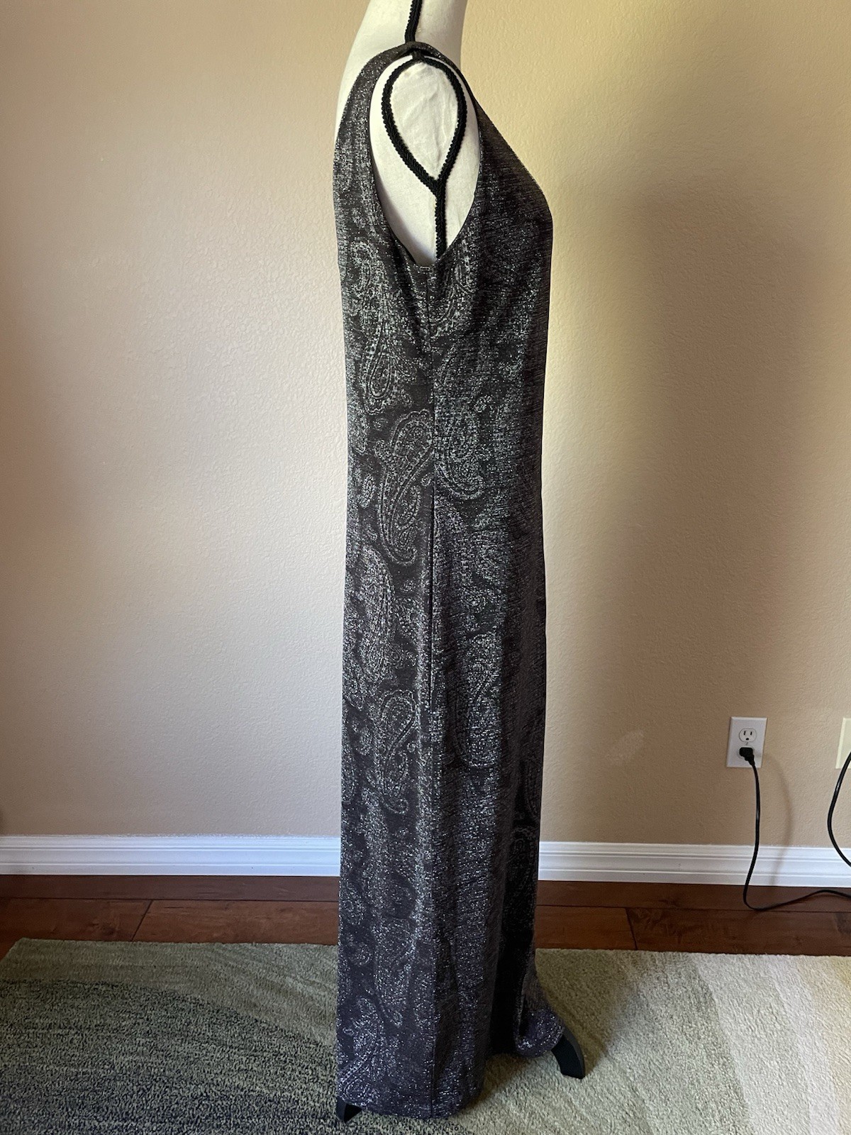 Vintage 90 Y2K Metallic Knit Sparkle Rhinestone Trim Maxi Dress Lurex Paisley 14