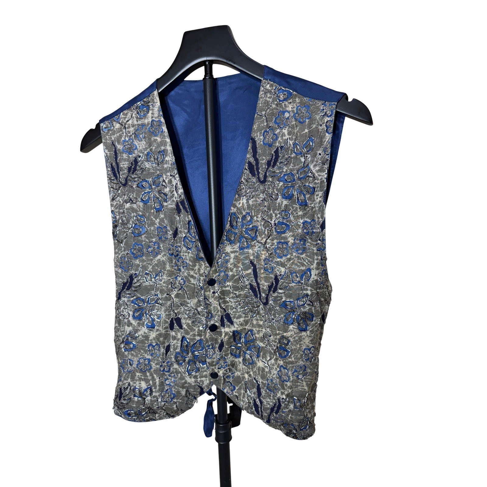 Ann Tjian for Kenar Vintage Hand Beaded Floral Vest Blue Silver Grey Size M