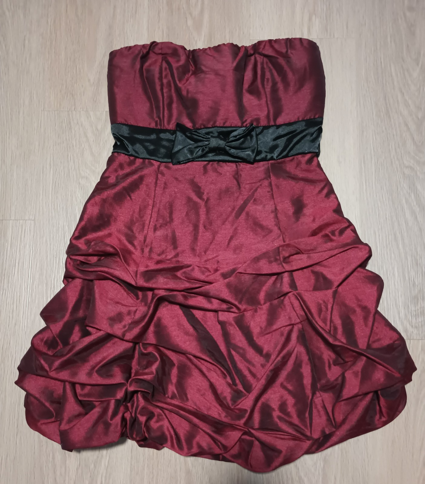 Vtg 90s RHAPSODY Ruffle Ruched Strapless Belted Sash Red Bubble Hem Prom Dress M