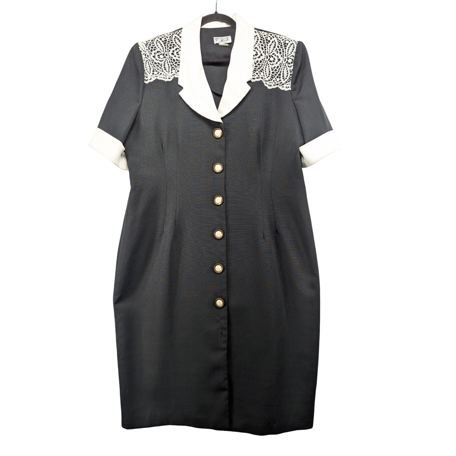Vintage T&F Black White Lace Shoulder Button Front Sheath Dress Made in USA 20