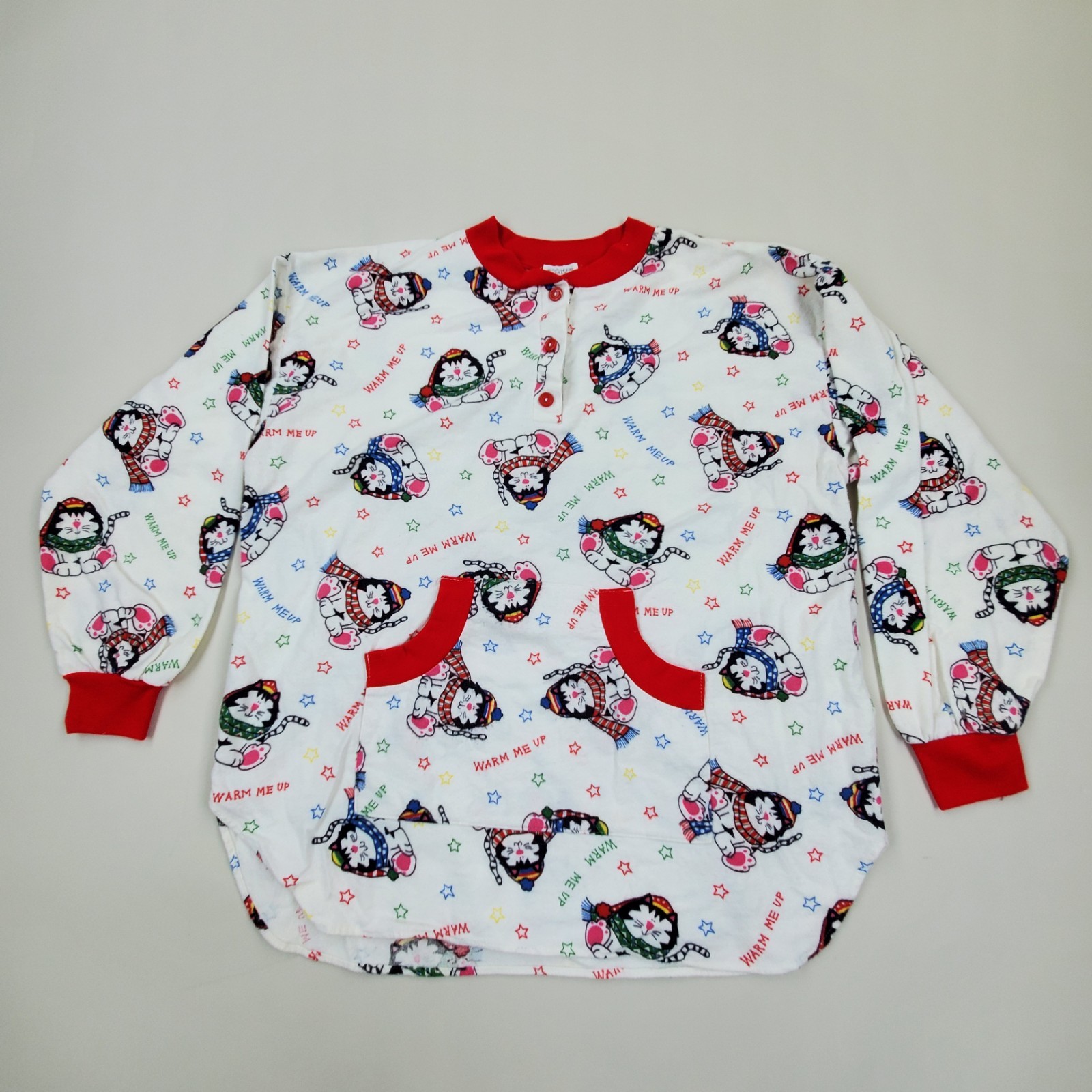 Vtg 80s Jennifer Dale Red Kitty Cats Cotton Pajama Top Sz XL ILGWU Made In USA
