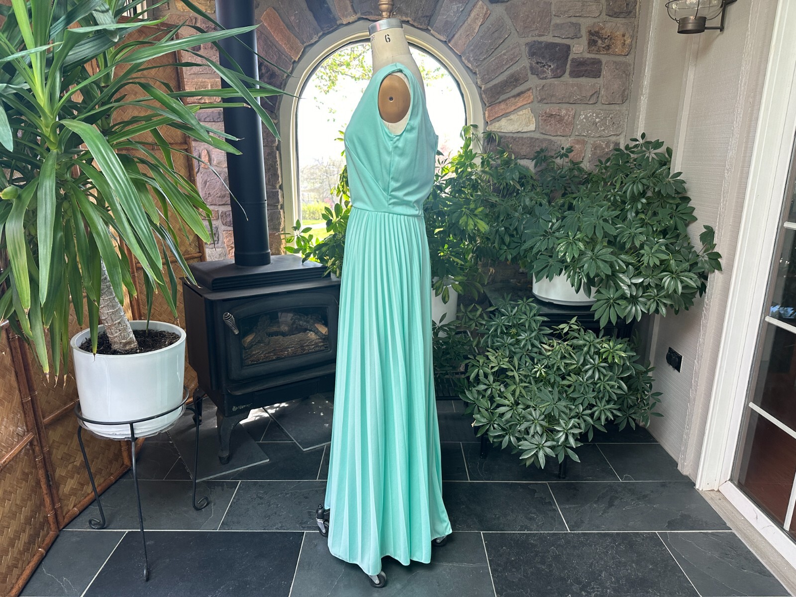 Vintage 1970s Goddess Mint Green Pleated Knit Evening Dress with Lace Jacket