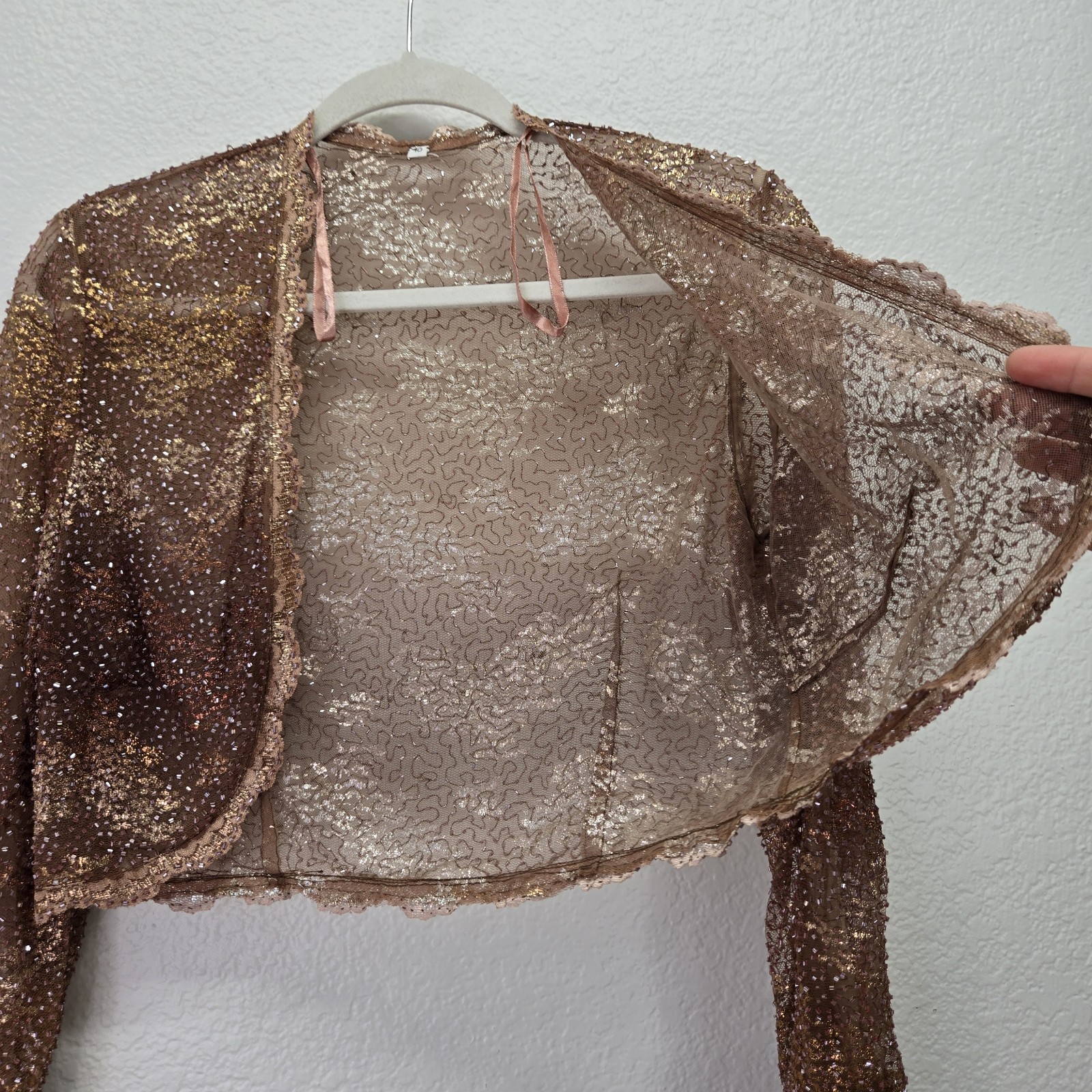 Vtg Beaded Sequin Crop Cardigan Sheer Bolero Shrug Ruffle Evening Jacket 10