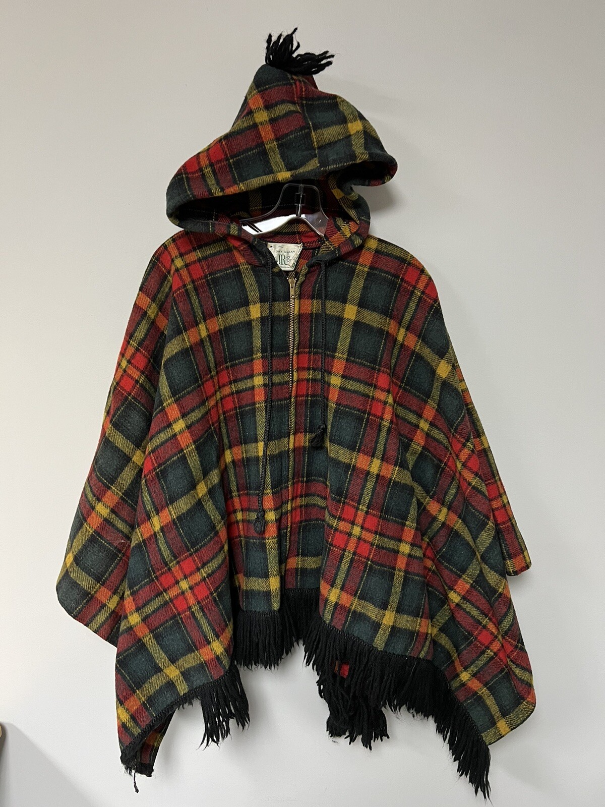 Vtg Plaid Wool Poncho Hooded Fully Lined Made USA Sears Jr Bazaar One Size Read