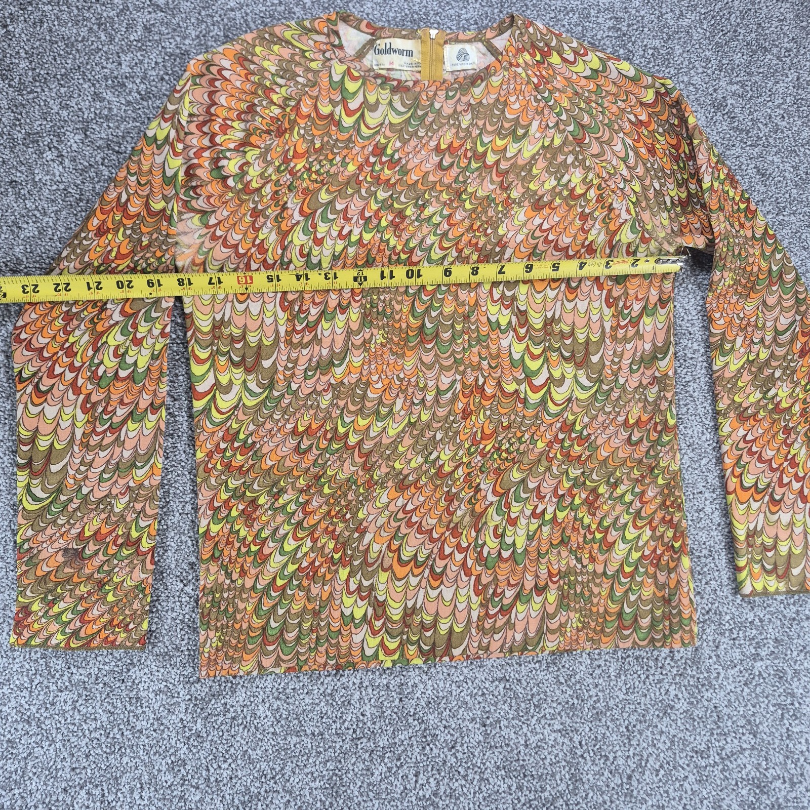 Vintage Goldworm 60s Merino Wool Long Sleeve Top Italy Size 14 Multicolor