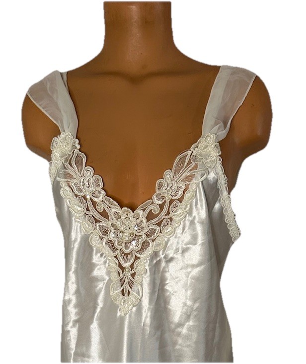 Vtg 90s 2 pc Dentelle White Satin Chiffon Lace Pearls Bridal Nightgown Sz L