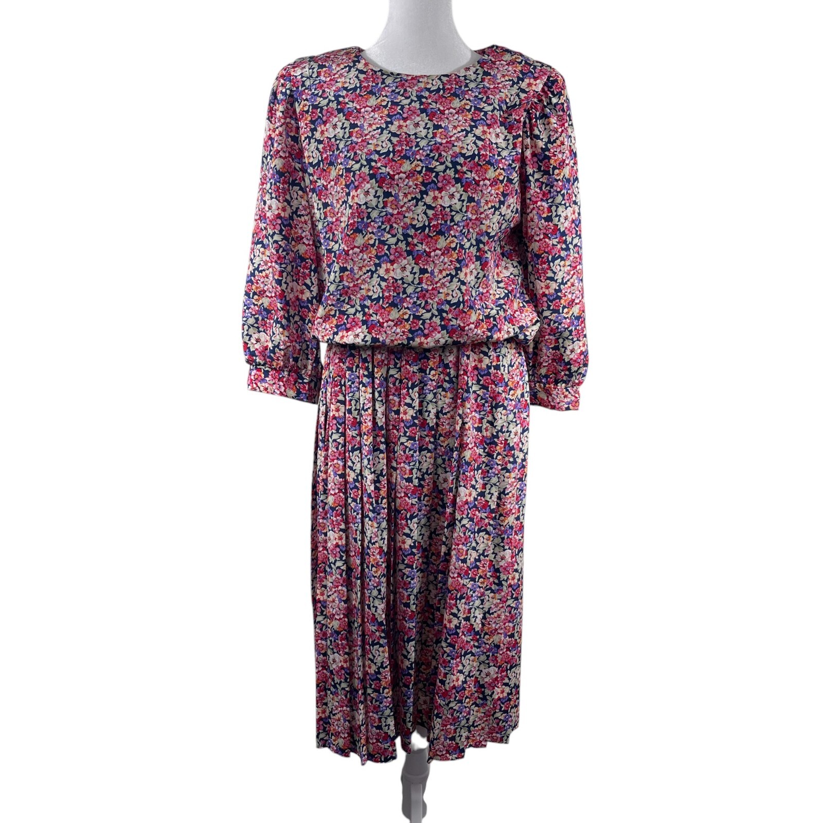 VTG 90s Floral Puff Sleeve Pleated Dress 11/12 Cottage Shoulder Pads Granny Boho