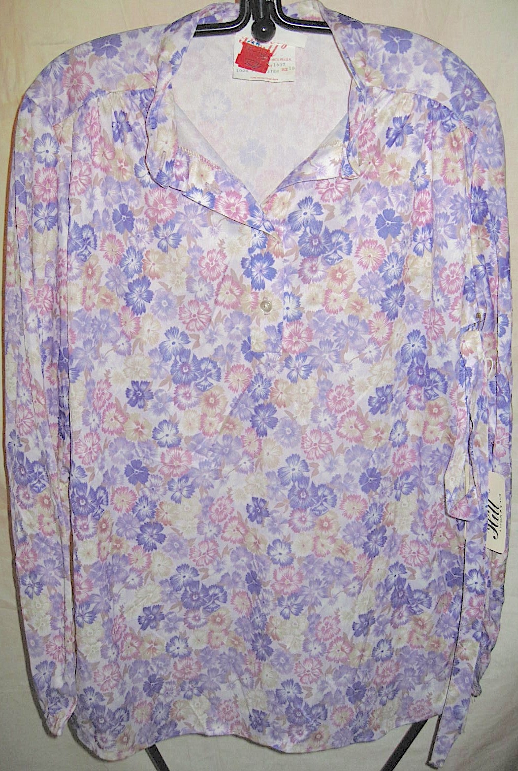 Society Hill Floral Mandarin Collar Lavender 1970s Top Long Sleeve Sash NOS