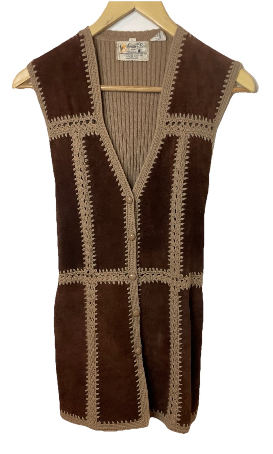 VTG 70s Sweater Bee Banff Brown Suede Tan Knit Belted Vest Bohemian Festival M/L