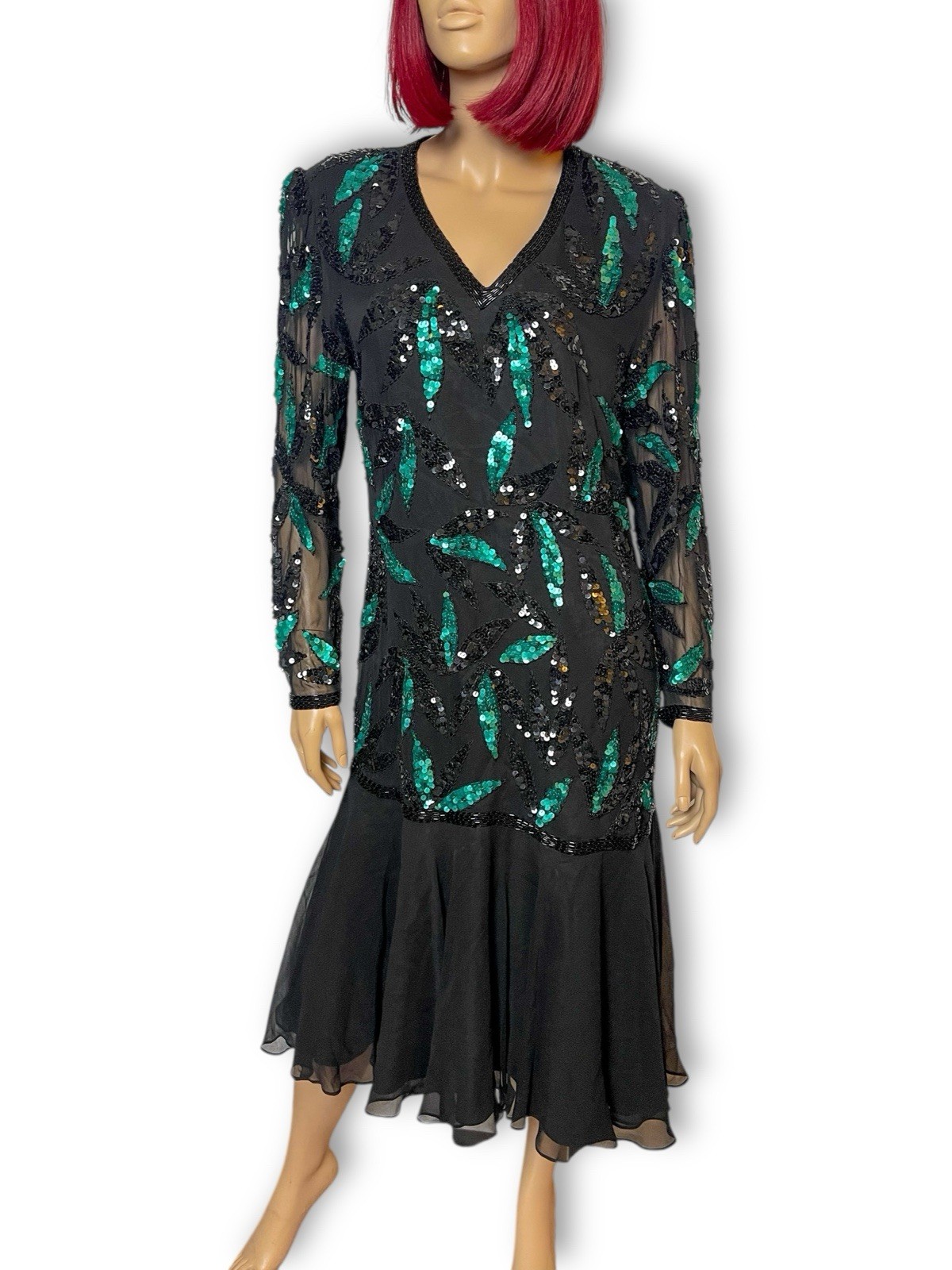 80’s Liz Elana Black and Teal Sequin Cocktail Dress Size M