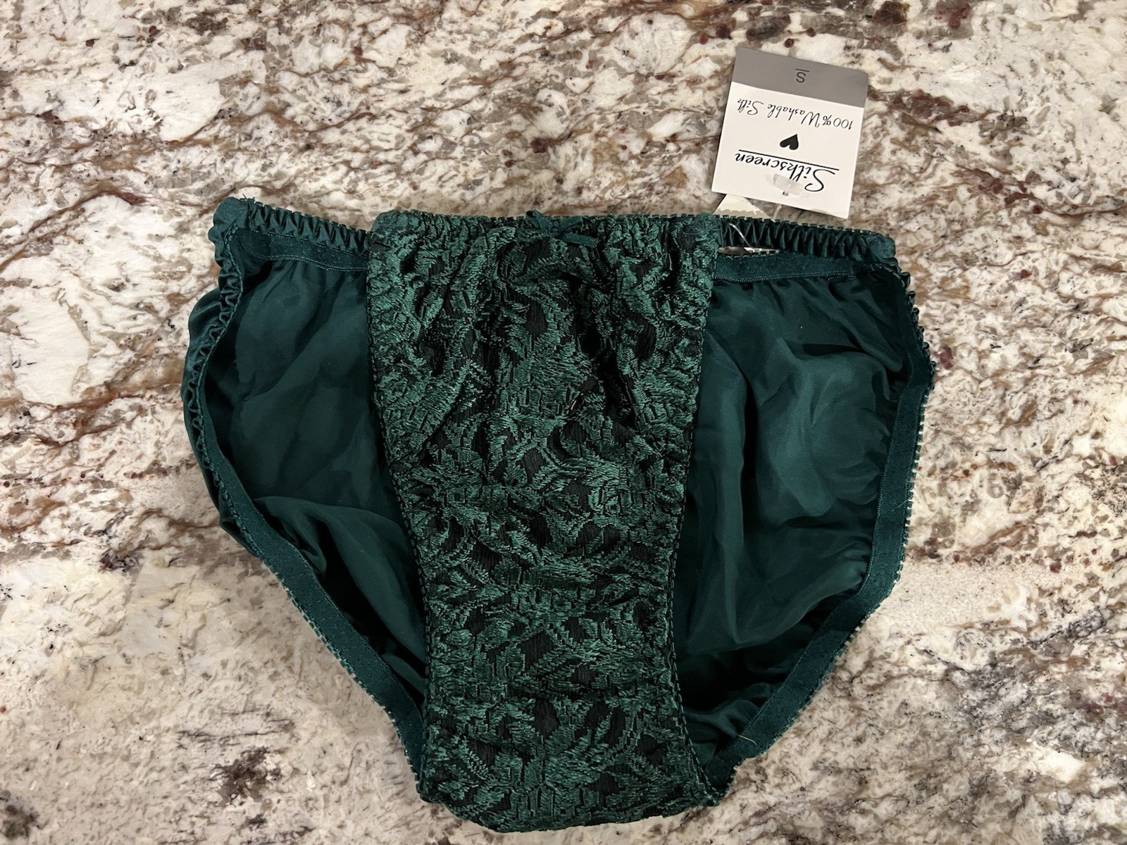 VTG 90s Silkscreen Green Shiny String Bikini Panties Hi Cut Silk Lace Small