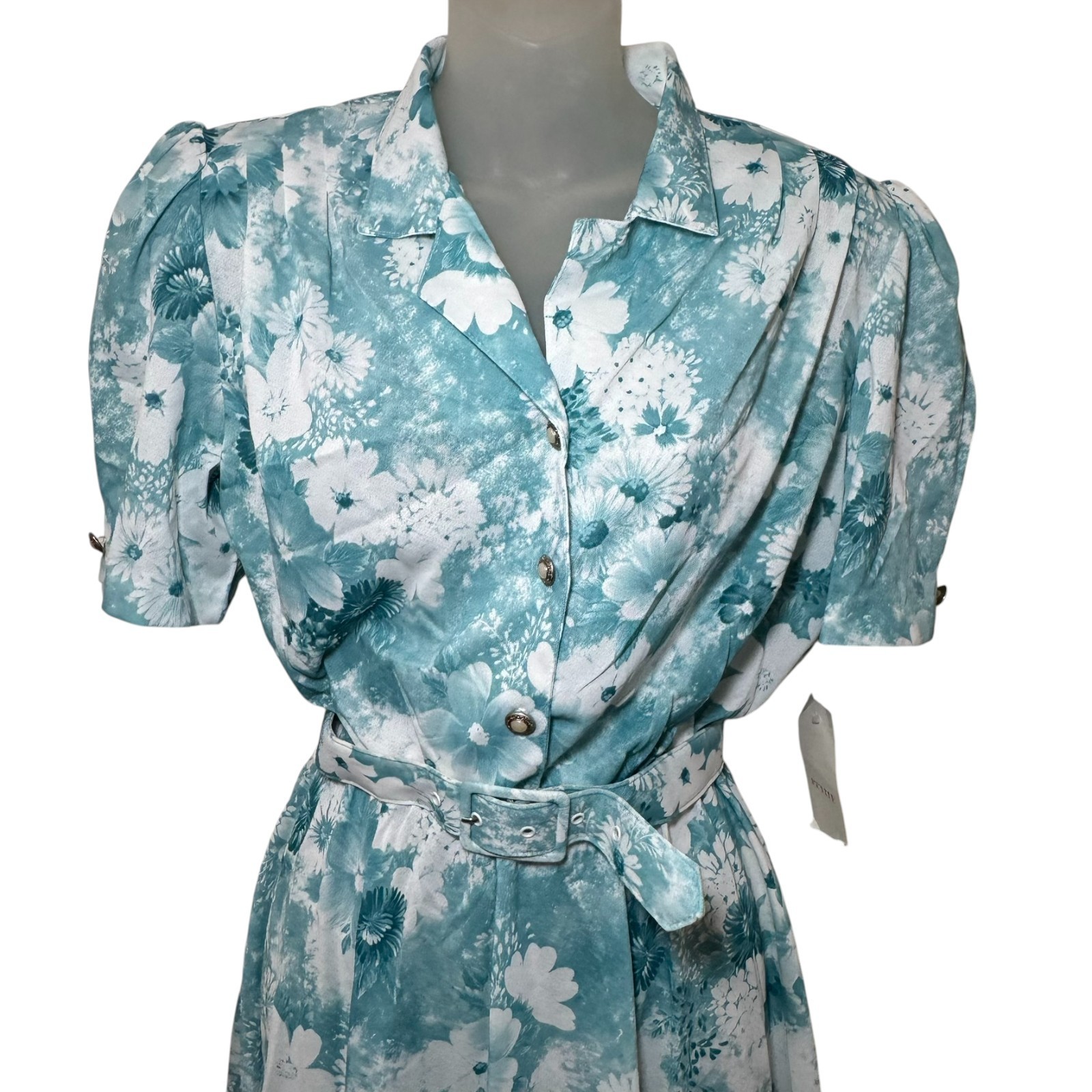New VTG California Looks Dress Woman SZ 8 Petite Aqua Floral Belted CottageCore