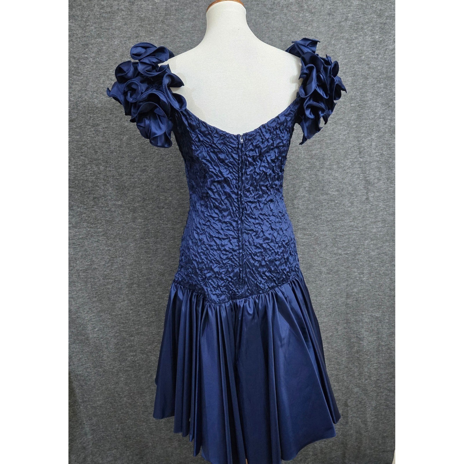Vtg Union Made Dress Small Blue 80s Prom Party Cocktail Puff Sleeve Drop Waist