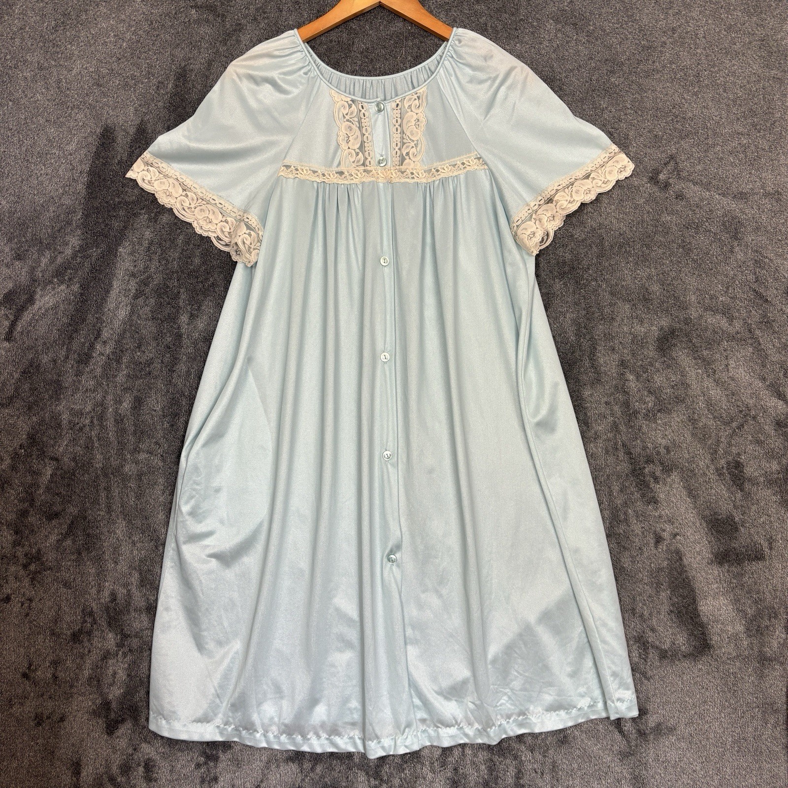 Vintage Val Mode Nylon Nightgown Womens 40 Medium Blue Lace Trim Short Sleeve