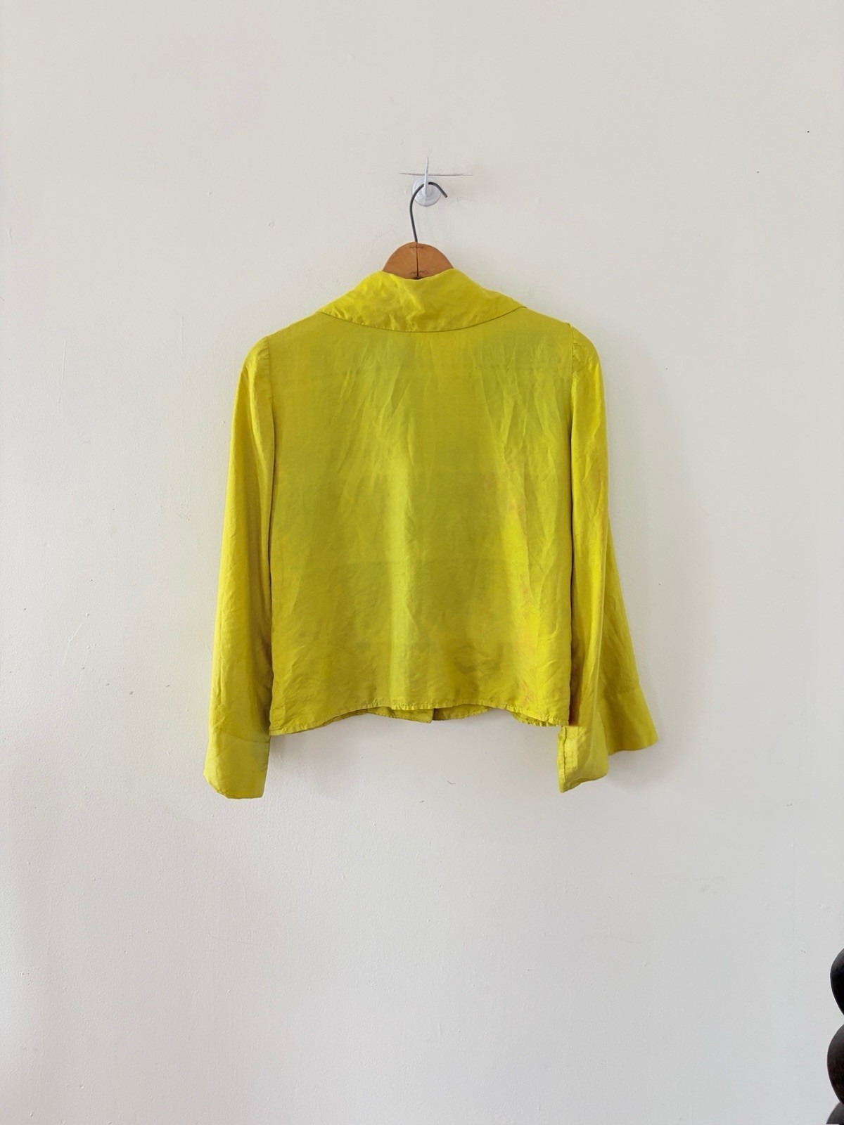 Vintage Antique 1920s 1930s Chartreuse Silk Trumpet Sleeve Blouse Shell Button S