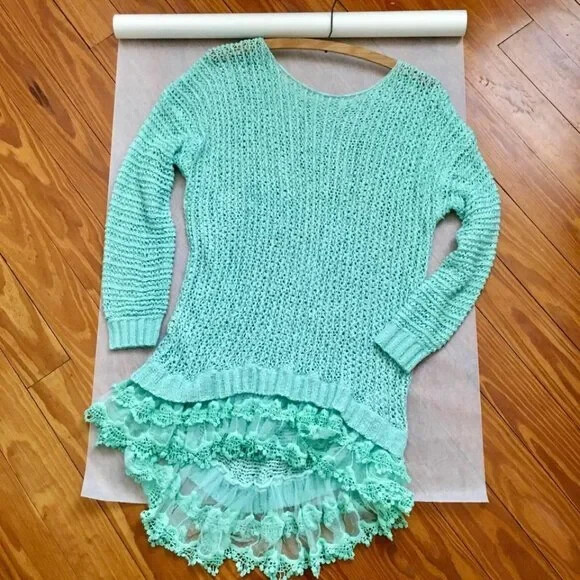Vintage 80s Knit and Lace Cover Up Pullover Long Top | Size M