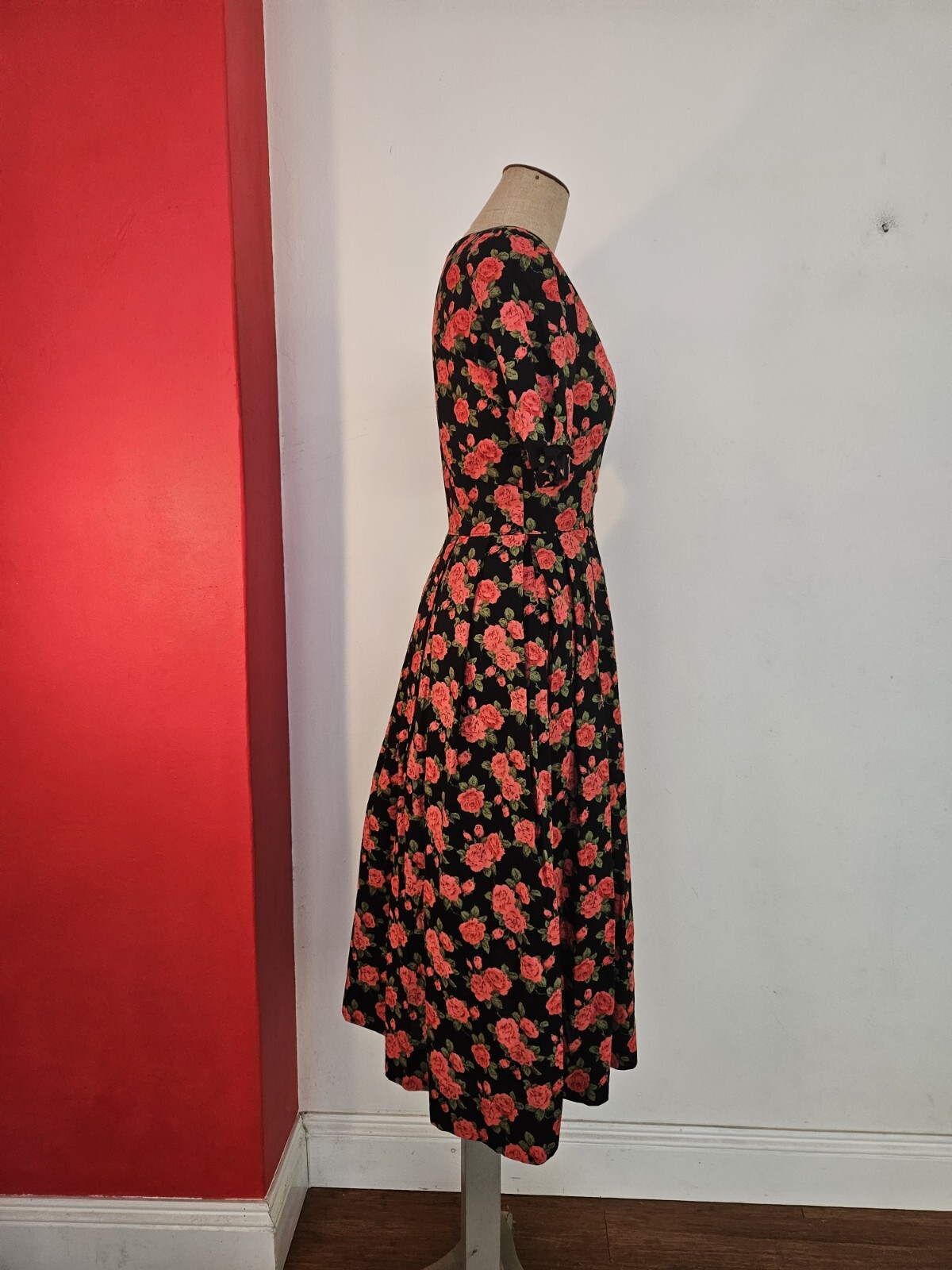 Vintage Original 50s Mid Century Dress Swing Pinup Rockabilly Red Roses Sz XS-S