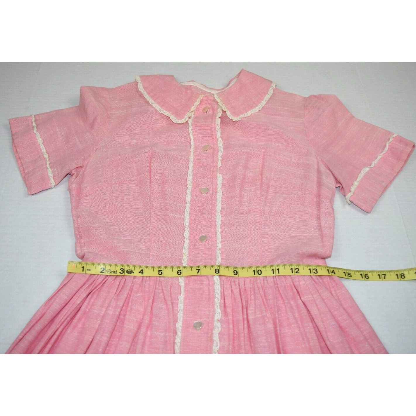 Vintage Midi Dress Size S/M 50s Cotton Candy Pink White Lace Trim Heart Buttons