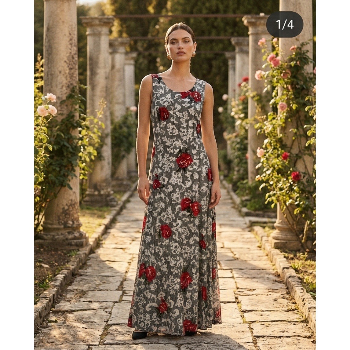 Expressions 14 Vintage Maxi Dress Red Rose Lace Print Sleeveless Rayon Y2K