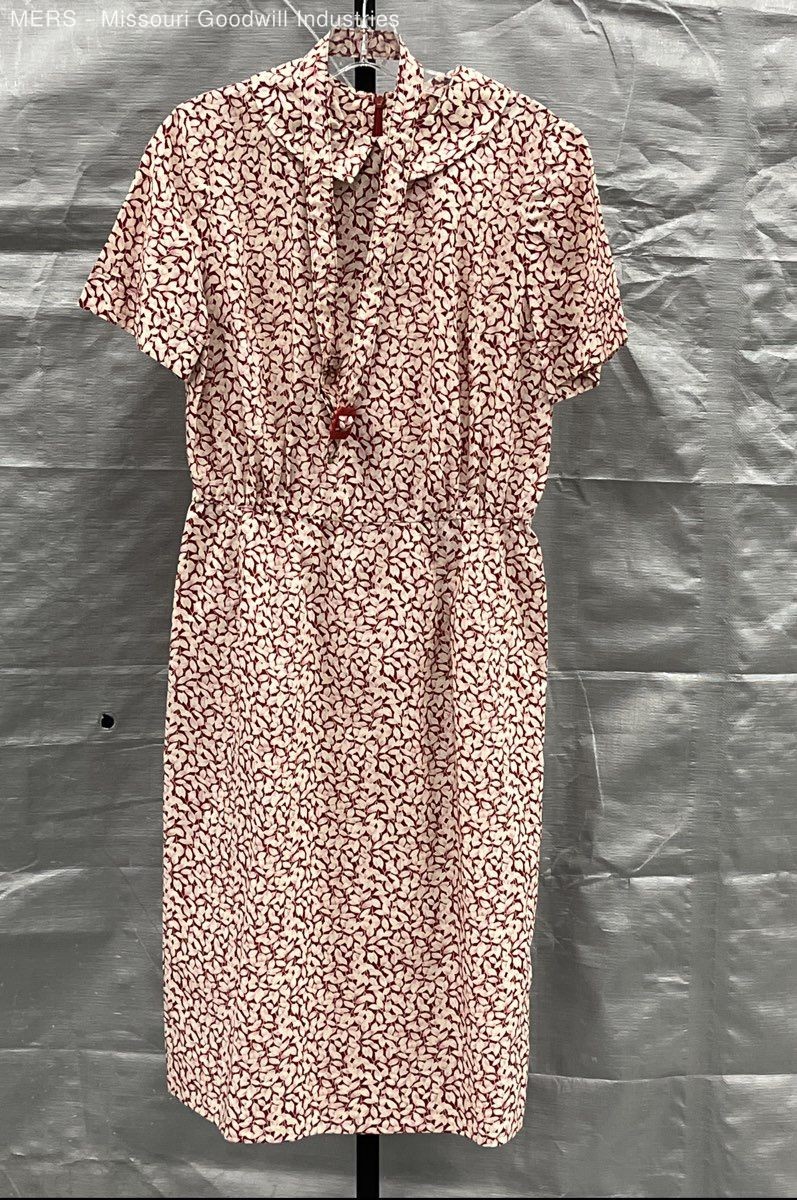 Vintage 70s 80s Secretary Dress Red White Leaf Print Pussy Bow Midi Sz S