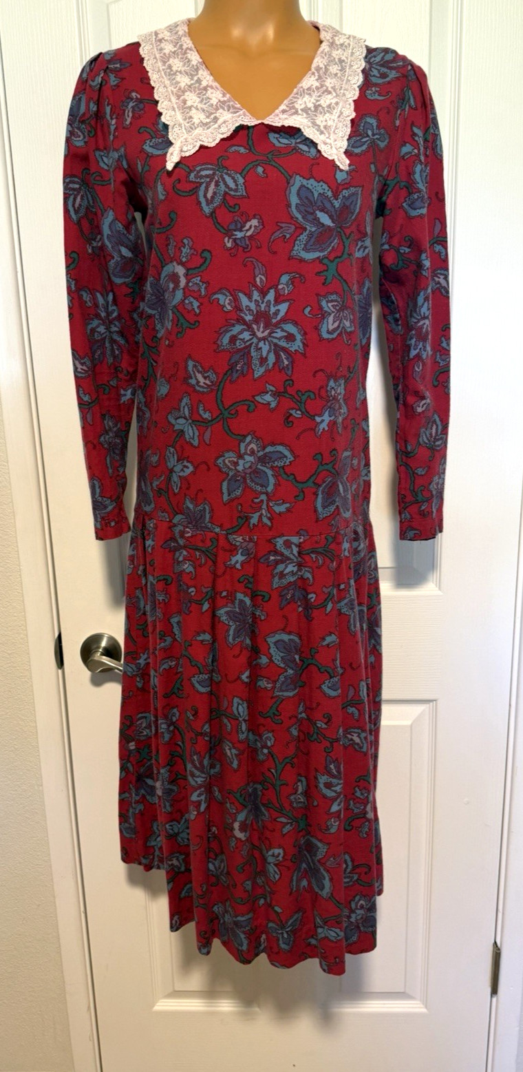 VTG 80’s LAURA ASHLEY DEEP PINK FLORAL W/ LACE COLLAR DROP WAIST DRESS SZ 10